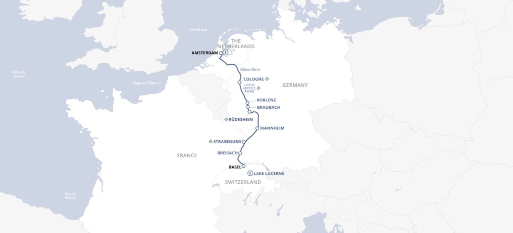Route map for Uniworld: 8D7N Castles along the Rhine (Basel to Amsterdam)