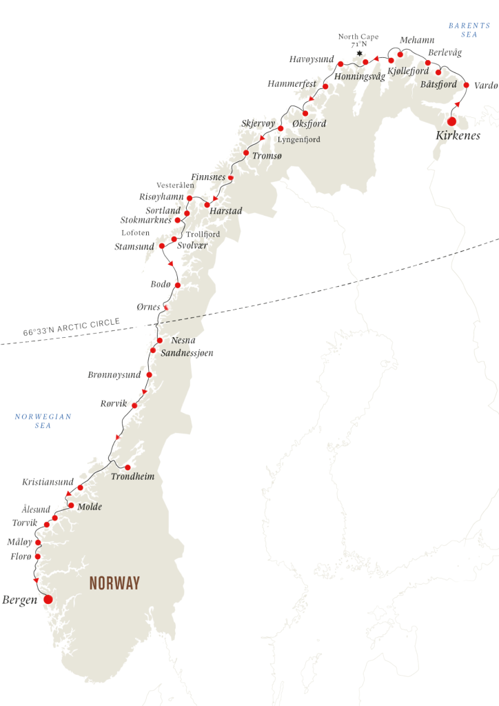 Route map for 7D6N : Original Coastal Voyage – Summer / Winter