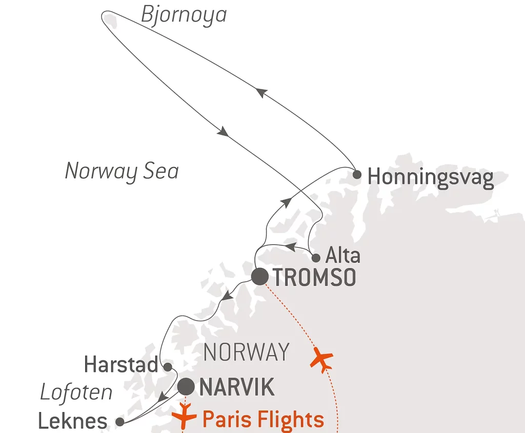 Route map for 9D8N : Polar Lights: From North Cape to the Lofoten Islands