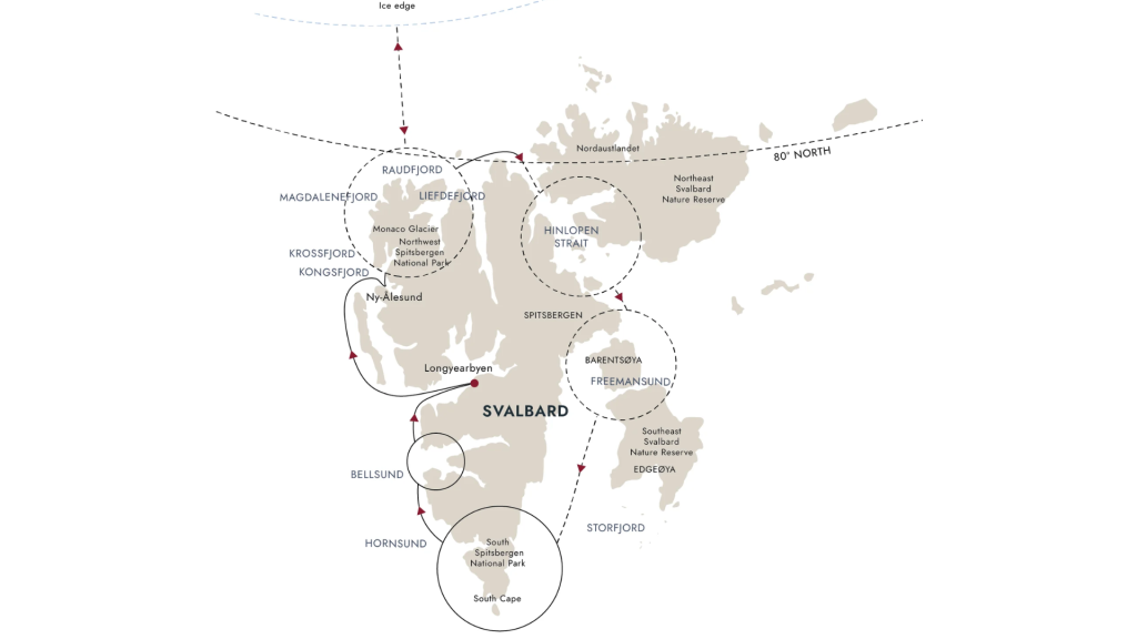 Route map for 11D10N Circumnavigation Spitsbergen – In the Realm of Polar Bears
