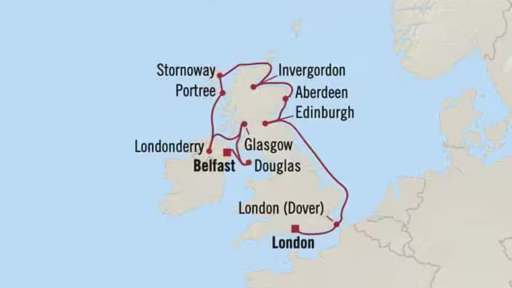 Route map for 12D11N London to Belfast (Discovering Scotland)
