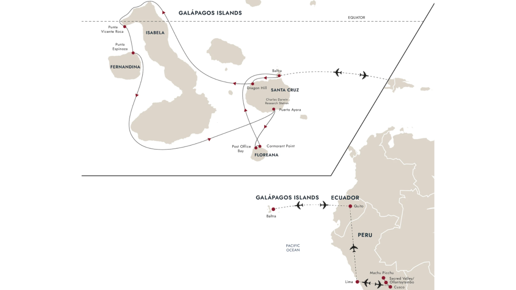 Route map for 12D11N Galápagos Islands – In Darwin’s Footsteps Plus Machu Picchu