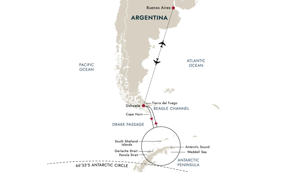 Route map for 16D15N Iconic Antarctica – The Explorer’s Route