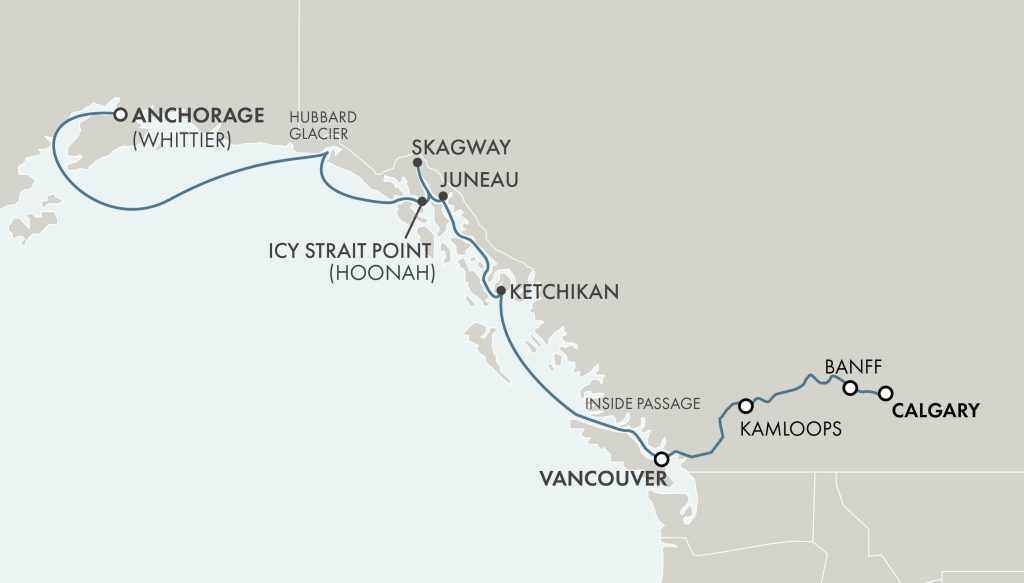 Route map for 14D Regent Alaska cruise + Rocky Mountaineer Canadian Rockies