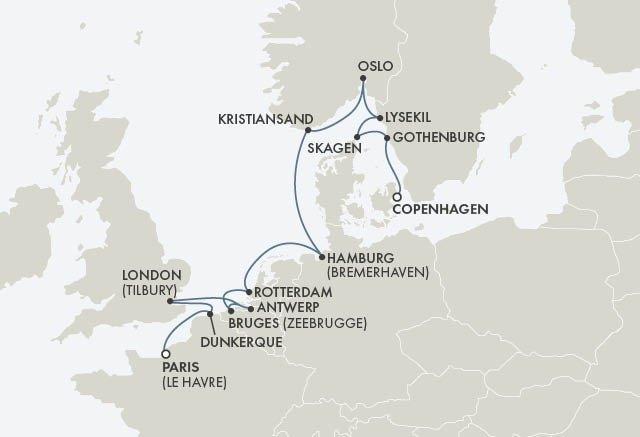 Route map for 15D14N Paris – Copenhagen (NORTHERN ENCHANTMENT)