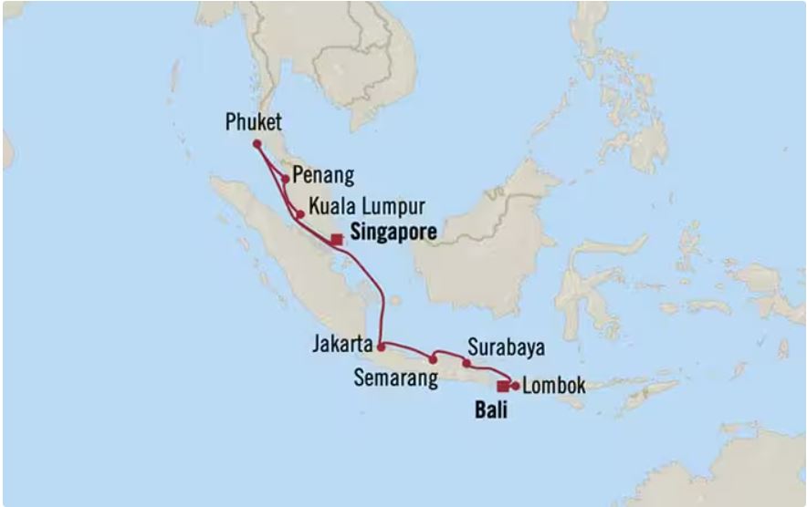 Route map for 12D11N Singapore – Bali (Malay & Indonesian Shores)