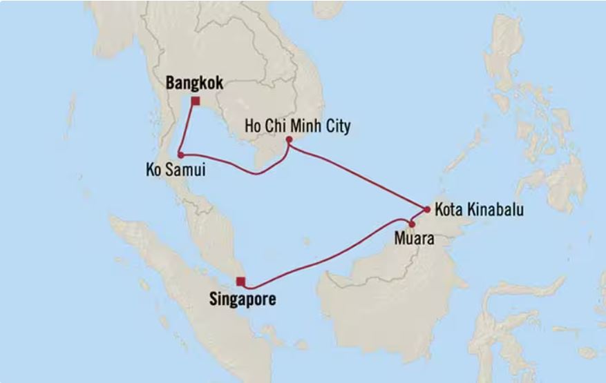 Route map for 10D9N Bangkok – Singapore (Temples & Tropical Isles)