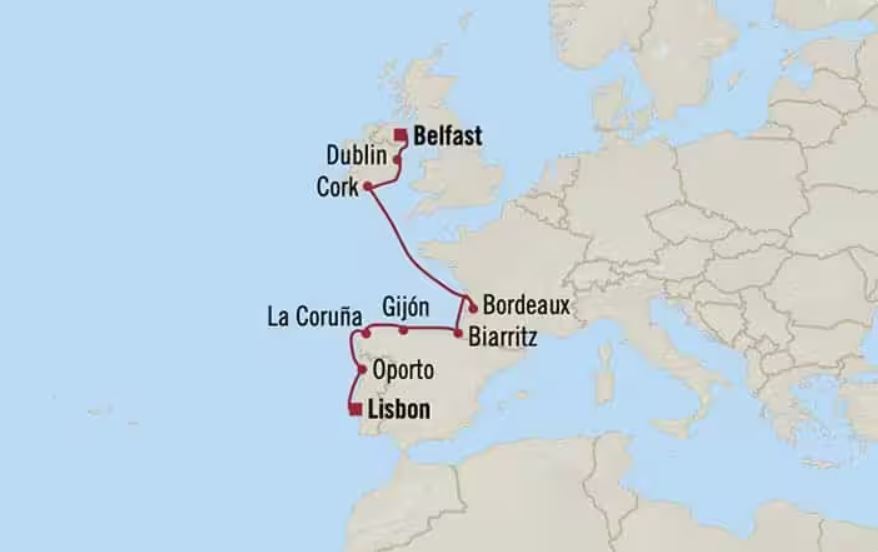 Route map for 10D9N Belfast – Lisbon (Ireland to Iberia)