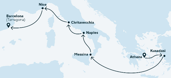 Route map for 9D8N : Mediterranean Rivieras Italy, France & Spain (West & East Bound)