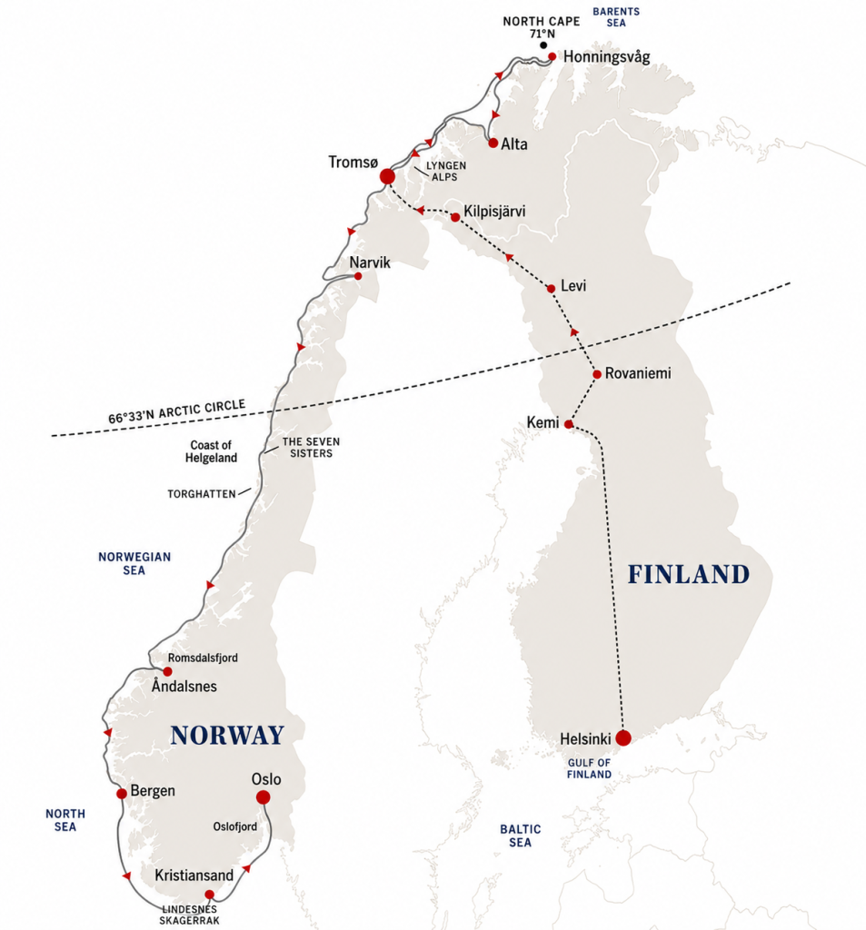 Route map for 16D15N Savour The Northern Lights Southbound