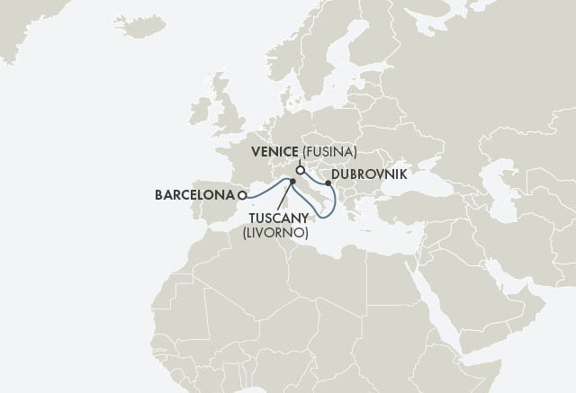 Route map for 11D10N Venice – Barcelona (MOONLIGHT OVER THE MEDITERRANEAN)