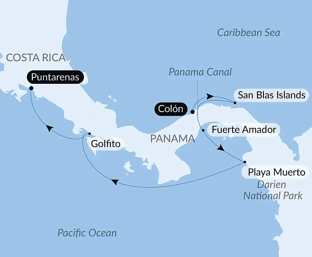 Route map for 8D7N : Central America Jewels & Panama Canal