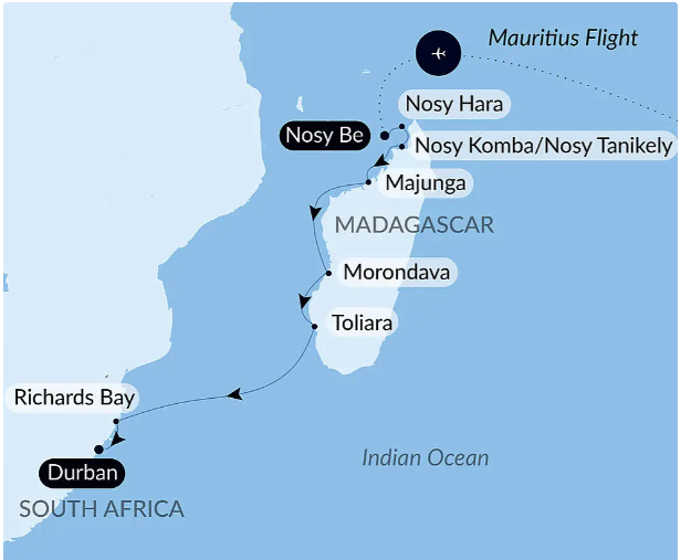 Route map for 13D12N : Madagascar & South Africa