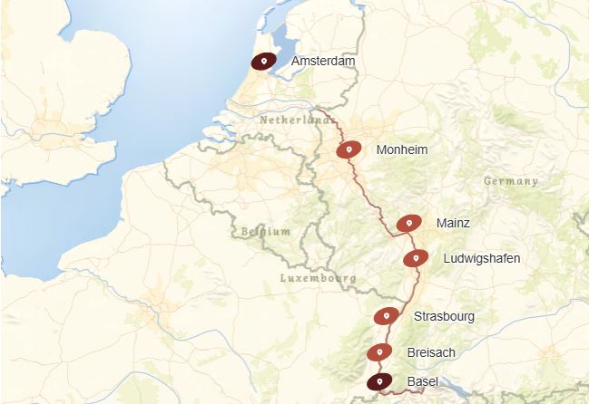 Route map for 8D7N CITY ESCAPES : THE RHINE (Basel – Amsterdam)