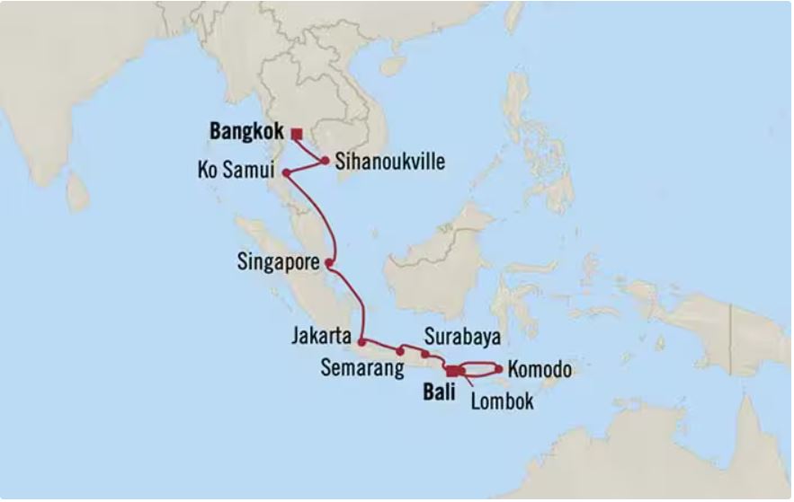 Route map for 14D13N Bali to Bangkok (Lands Of Spices & Dragons)
