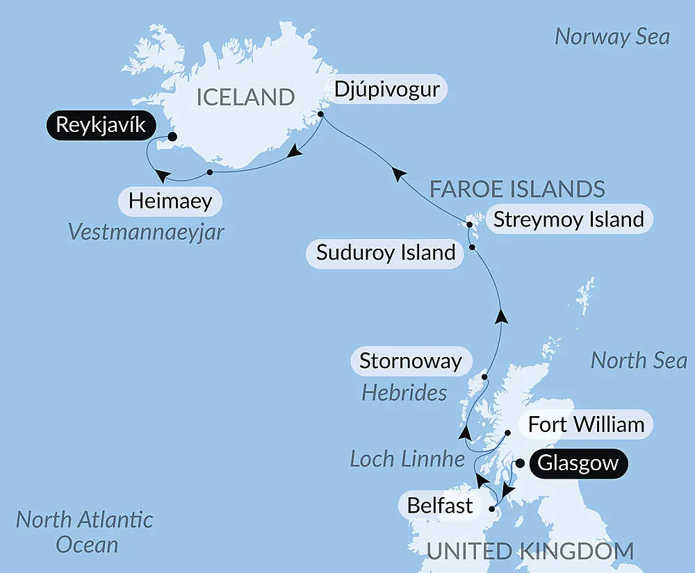 Route map for 11D10N : Wild lands of Scotland, the Faroe Islands and Iceland