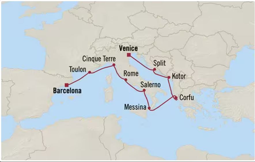 Route map for 9D8N Venice – Barcelona (Venetian & Roman Revelry)