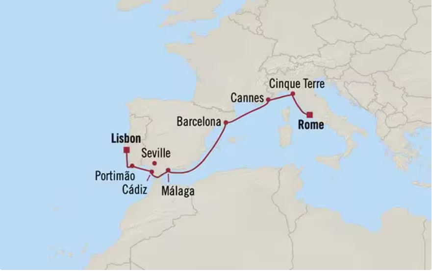 Route map for 8D7N Lisbon – Rome (Mediterranean Sunrise)