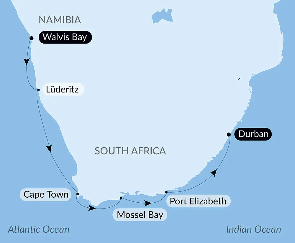 Route map for 11D10N : Namibian & South African Coastlines