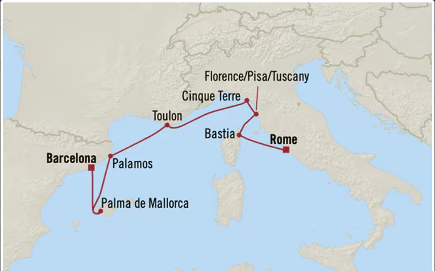 Route map for 7D8N Rome – Barcelona (Mediterranean Passage)