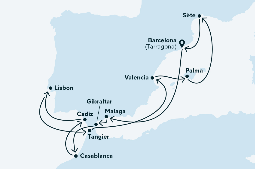 Route map for 15D14N Mediterranean Odyssey: Spain, Portugal & Morocco