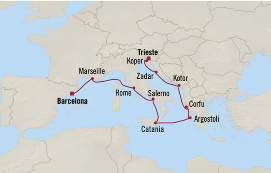 Route map for 11D10N Trieste – Barcelona (Treasures Through Time)