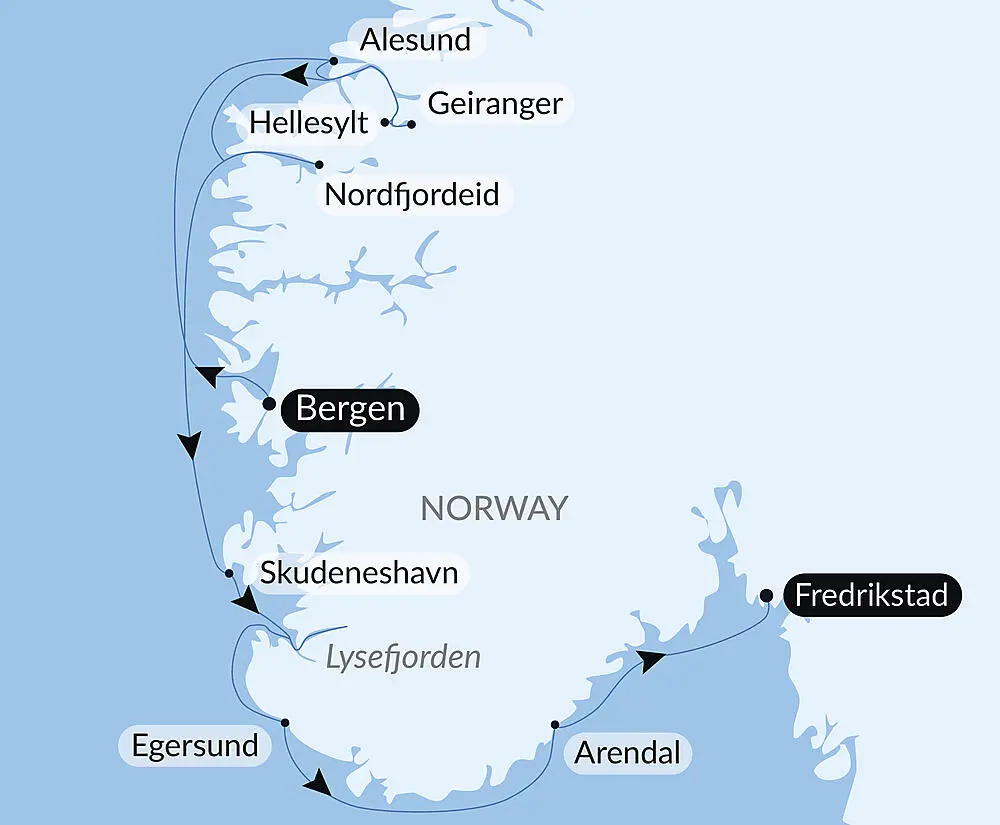 Route map for 8D7N Gastronomic Journey Through the Norwegian Fjords