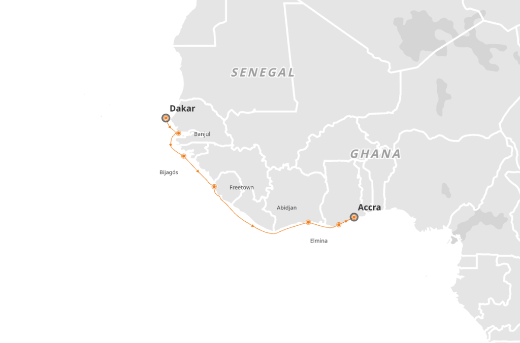 Route map for 14D13N Atlantic Crossroads: Senegal to Ghana
