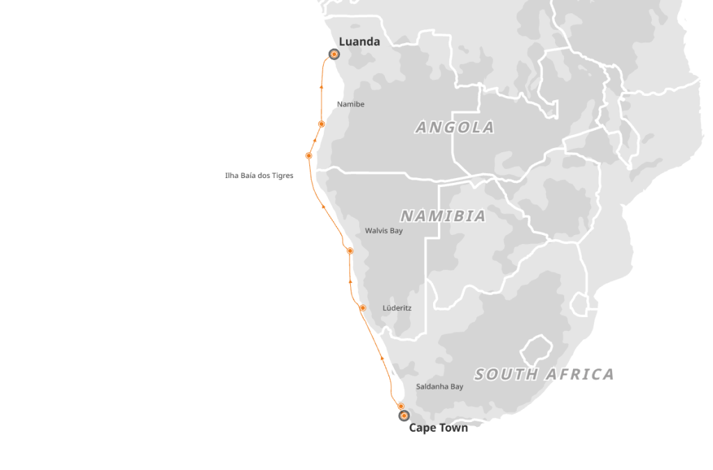 Route map for 12D11N The Skeleton Coast: Cape Town to Luanda