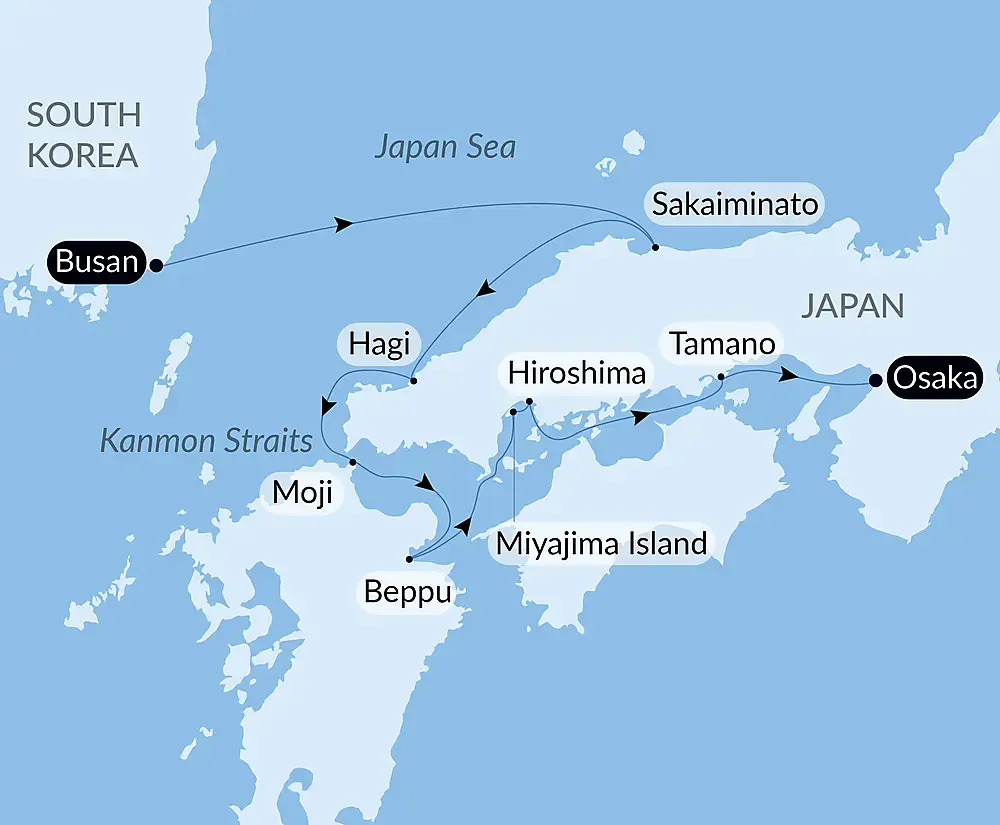 Route map for 9D8N Treasures of Japan and South Korea by Sea