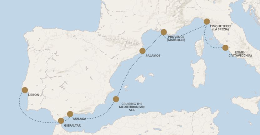 Route map for 8D7N Rome (Civitavecchia) – Lisbon (SPELLBINDING MEDITERRANEAN)
