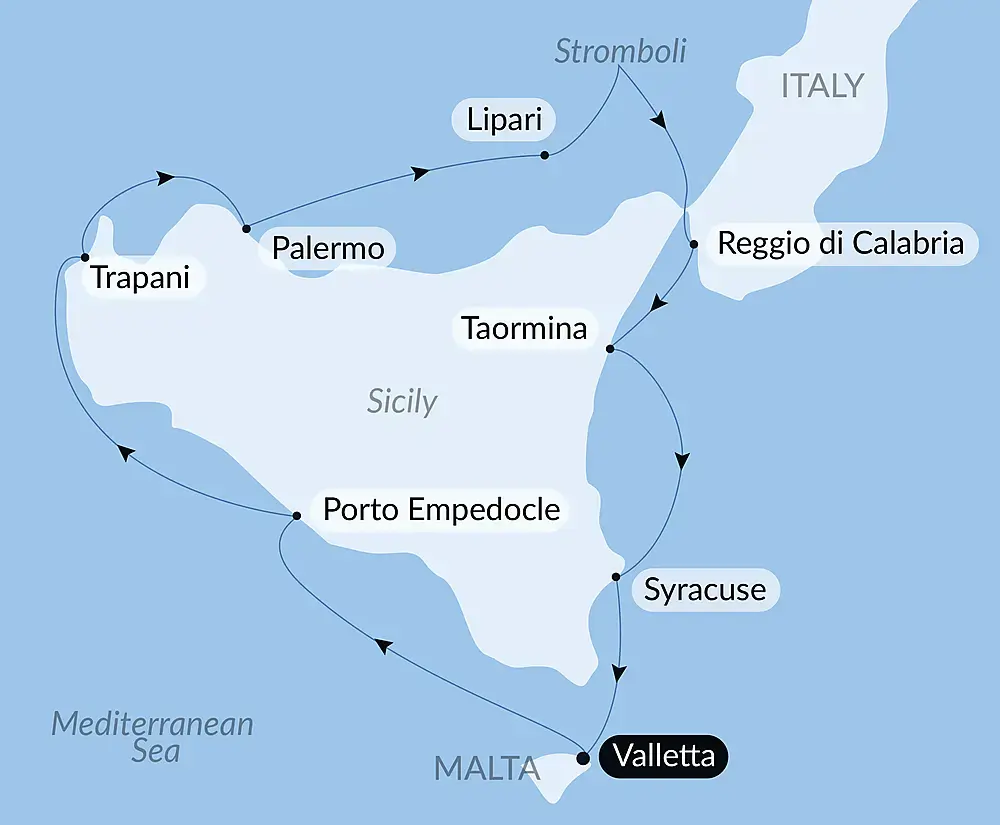 Route map for 9D8N Sicilian Gastronomy, Diplomacy and Heritage