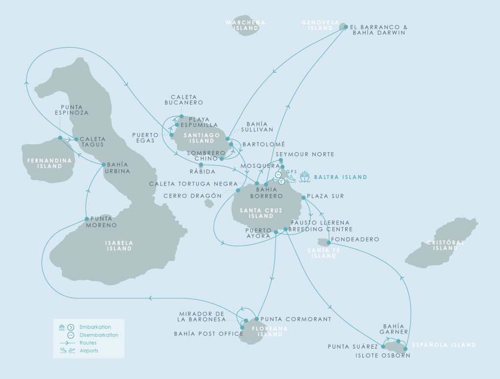 Aqua Mare 14-night East then West Galápagos route map