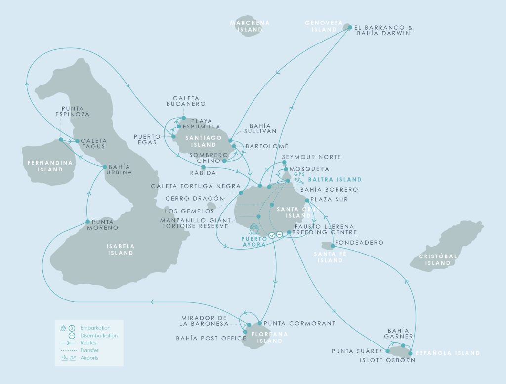 Route map for 15D14N Ultimate Galápagos: East & West Expedition