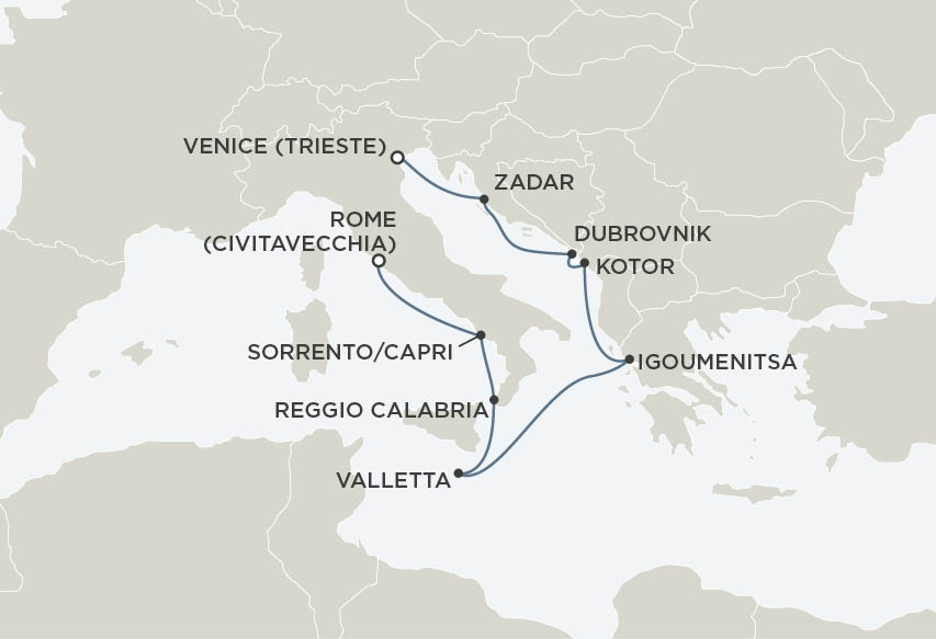 Route map for 10D9N Rome (Civitavecchia) – Trieste (JOURNEY BACK IN TIME)